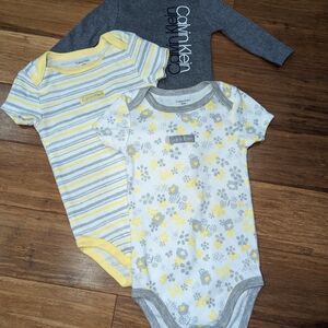3pc, Calvin Klein Baby One Piece Set - Gray, Yellow, White various sizes